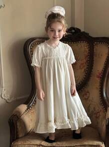DAZY Young Girl Heavy Lace Patchwork Short Puff Sleeve Solid Color Dress,Girls Summer Outfits - Apricot - View 2