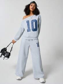 SHEIN EZwear Girls Y2K Preppy Daily Wear Number Printed Keep Warm Asymmetrical Neck Long Sleeve Sweatshirt And White Elastic Waistband Wide Leg Sweatpants