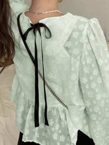 DAZY Women's Minimalist Textured Lantern Sleeve Ruffle Hem Blouse Long Sleeve Women - Green - View 3