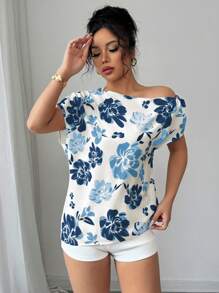 Elenzga 女式印花露肩休闲度假衬衫 - 藏蓝色 - 查看 5