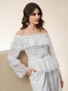 Anewsta High Quality Women Standard Size Solid Color Elegant Palace-Style Off-Shoulder Half-Sheer Lace Back Zipper Design Top - White - View 7
