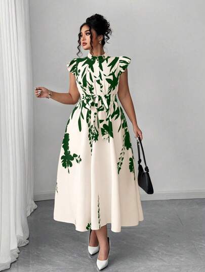 Elenzga Plus Size Floral Print Ruffle Trim Maxi Dress,Apricot Background With Black Flowers,Elegant And Sexy,Flaunts Figure Curve, Suitable For Vacation, Beach Party, Picnic, Casual Outing, Suitable For Spring/Summer