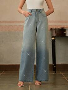 Anewsta Jeans anchos de pierna suelta con aplicaciones de strass vintage para mujeres, elegante, festival, casual