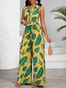SHEIN Lady Combinaison ample à imprimé floral décontractée pour les vacances - Vert - Voir 4