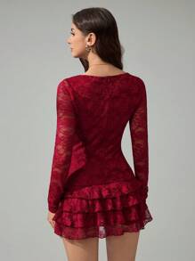 SHEIN Tall Women's Burgundy Solid Color Elegant Floral Lace Long Sleeve Multi-Layer Ruffle Hem Mini Dress, Perfect For Date Night, Night Club, Girlfriend Gathering, Birthday Party, Holiday Party, Valentine's Day - Burgundy - View 2