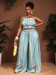 Slaydiva 女式加大码荷叶边吊带上衣和纸袋腰阔腿裤，适合春夏音乐节、复活节、西部风格、波西米亚风、纳什维尔、生日派对、毕业典礼、学生、休闲日常穿着、基础款、休闲装、度假、邮轮旅行、海滩、日光浴、彩色垂直条纹、抽象条纹印花 - 彩色 - 查看 8