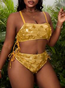 Slaydiva 2pcs Plus Size Women Metallic Pu Rose Decor Camisole + Backless Sports Bra Tankini Swimsuit, Fashion Beach Holiday