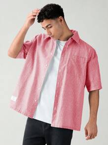 SWAVVY Camisa de verano informal para hombre, de tejido, con botones delanteros, bolsillo parche y rayas, para la escuela