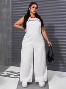 Jeanoix Plus Size Solid Color Pocketed Sleeveless Casual Denim Bib Pants For Summer - White - View 3