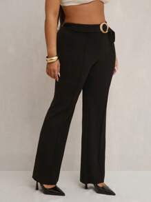 SHEIN SXY Plus Size Women's Spring & Summer Elegant Sexy Casual Solid Color Straight Legged Pants Flare Pants With Gold Chain Decoration Detail - Black - View 3