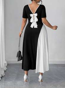 SHEIN PETITE CURVE Vestido de verano casual y elegante para mujer de talla grande, con bloque de color, decoración de lazo y estilo vintage francés romántico. Ropa casual de negocios para mujeres, vestidos de mujer, regalos de cumpleaños para mujeres, ropa de mujer de talla pequeña - Negro - Ver 2