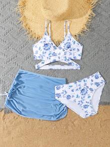 SHEIN 少女三件套：花卉印花细肩带比基尼 + 纯色迷你裙，泳衣印花什锦 - 藍色 - 查看 5