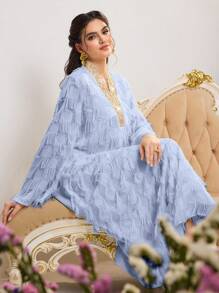 Al Najma 女式拼接丝带 V 领流苏设计宽松阿拉伯连衣裙，朴素长袍 - 藍色 - 查看 6