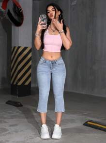 SHEIN EZwear 女士修身七分牛仔裤，夏季时尚之选 - 淺色水洗藍 - 查看 3