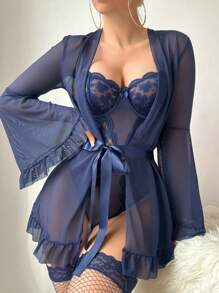 5 Pieces Set: Sexy Cut-Out Bodysuit + Robe + Belt + 2 Pairs Of Socks, Party Wear For Going Out - Navy Blue - View 4