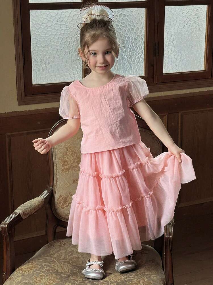 2pcs/Set Young Girls Round Neck Mesh Short Sleeve Top And Mesh A-Line Skirt Set