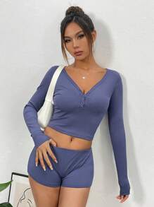 INAWLY Women's Solid Color Ribbed Knitted Two-Piece Set Fall Cloth For Women - Blue - View 3