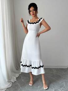 Rafferiza Nouvelle robe d'été élégante et chic pour femmes, à encolure carrée, avec volants, coupe slim, dos nu, taille haute, sans manches - Blanc - Voir 6