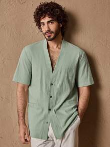 GENTILAND Men's Casual V-Neck Open Front Short Sleeve Solid Color Woven Shirt, Suitable For Daily Wear