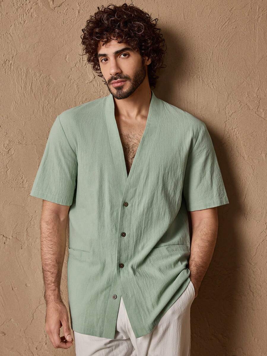 GENTILAND Men's Casual V-Neck Open Front Short Sleeve Solid Color Woven Shirt, Suitable For Daily Wear