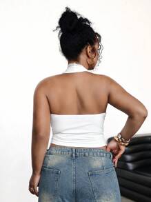 SHEIN EZwear Plus Size Women Sexy Bodycon Halter White Top, Cute Summer Tops, Cute Summer Tops, Easter/Easter /Easter, Festival/Festival, Rave/Concert Women/Country Concert/Rave/Rave Festival/Ibiza, Elegant, Boho/Bohemia/Boho Women's;Cowgirl/Cowboy, Brunch, Mother Day/Mom/Mother/ Mommy/Mother's Day/Mama/Mum/Mother's Day Gift - White - View 2