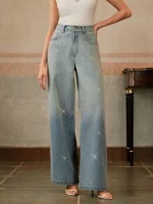Anewsta Jeans anchos de pierna suelta con aplicaciones de strass vintage para mujeres, elegante, festival, casual