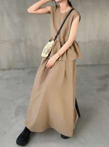 FRIFUL 2pcs/Set Women Crew Neck Ruffle Hem Sleeveless Top And Mini Skirt Set, Summer Dress - Khaki - View 5