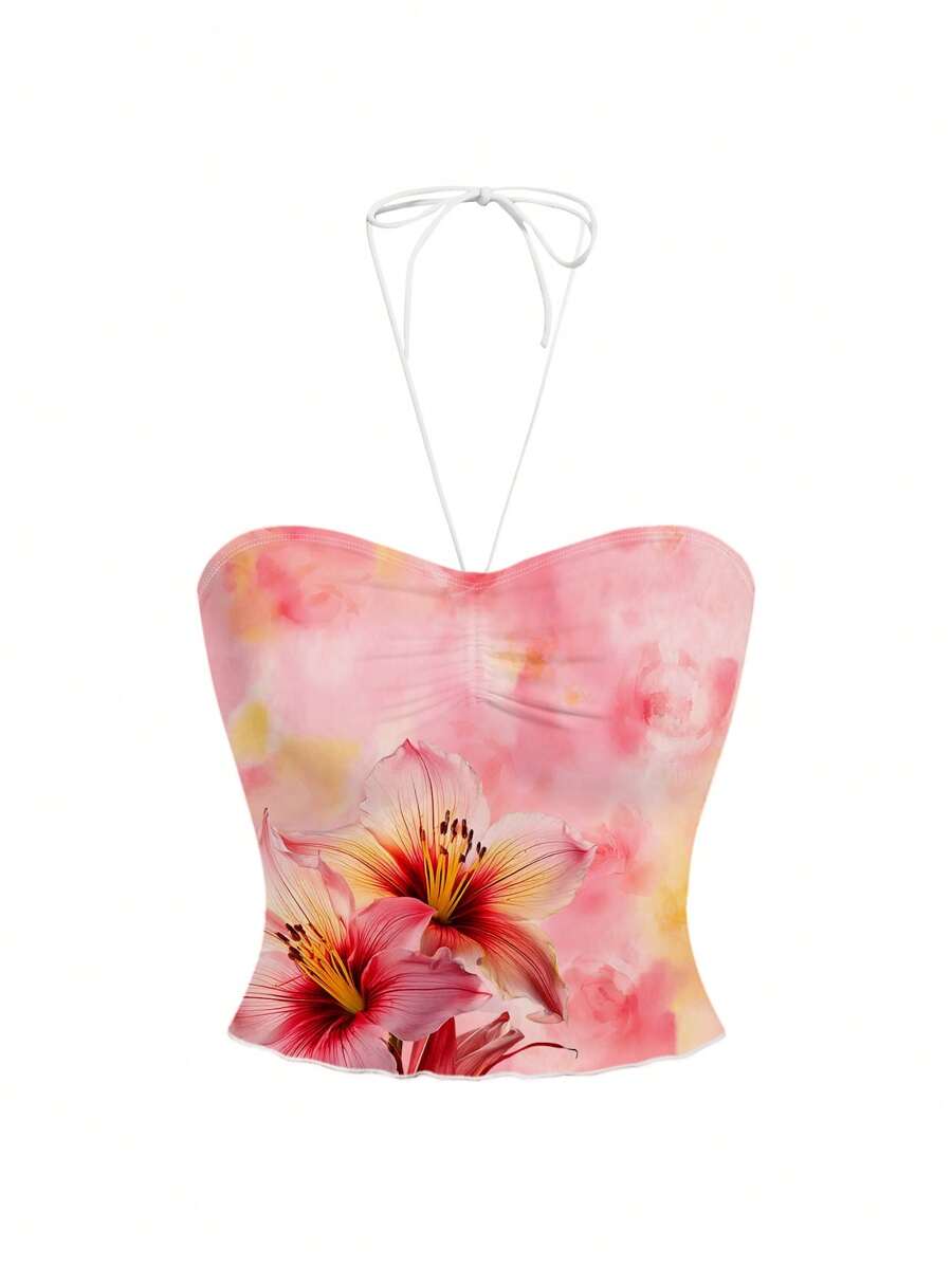 myriadwaveart Floral Print Women Casual Ruched Chest Sleeveless Tight Fit Ribbed Camisole Tank Top, Suitable For Summer