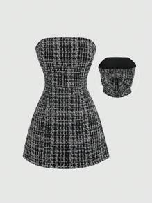 Sweetra Đầm Bandeau Mini Thời Trang, Thanh Lịch Và Cao Cấp Đa Năng Bằng Vải Tweed Màu Hồng - màu đen - Xem 1