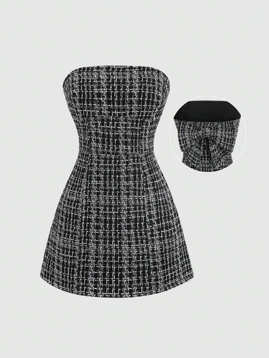 Sweetra Đầm Bandeau Mini Thời Trang, Thanh Lịch Và Cao Cấp Đa Năng Bằng Vải Tweed Màu Hồng - màu đen - Xem 1