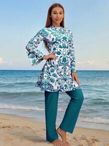 Swim Mulvari 2 pièces/Ensemble Femme Rétro Impression Style Confortable Bleu Ample Top Court & Burkini à Jambe Large Maillot de Bain