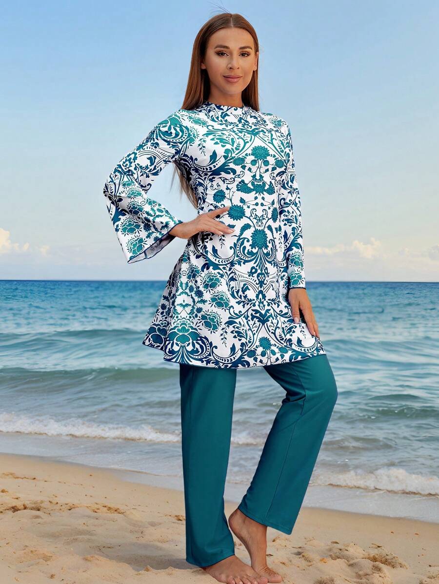 Swim Mulvari 2 pièces/Ensemble Femme Rétro Impression Style Confortable Bleu Ample Top Court & Burkini à Jambe Large Maillot de Bain