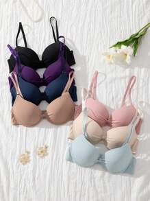 7件套女士休闲舒适无钢圈聚拢文胸，纯色性感内衣 - 彩色 - 查看 5
