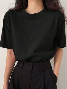 DAZY Plain Relaxed Fit Crew Neck Short Sleeve T-Shirt Preppy Tops - Black - View 3