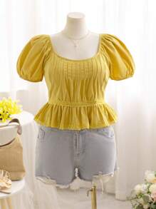 Soleia 大码女式夏季宽松蕾丝荷叶边 V 领泡泡袖上衣 T 恤，粉色和蓝色 - 黃色 - 查看 1