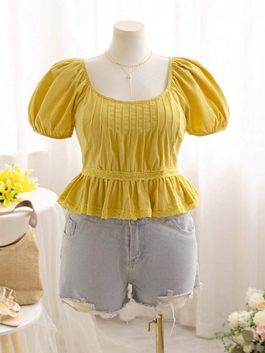 Soleia 大码女式夏季宽松蕾丝荷叶边 V 领泡泡袖上衣 T 恤，粉色和蓝色 - 黃色 - 查看 1