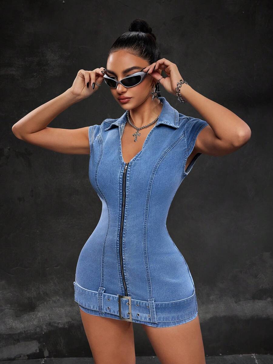 SHEIN ICON Đầm denim mini ôm vừa vặn gợi cảm cho nữ, mùa hè - Màu xanh lam - Xem 1