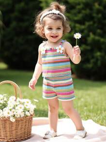 SHEIN Vintaside Kids 2 pezzi/set Top con cerniera ricamato con motivo floreale e righe arcobaleno + pantaloncini con vita elastica per bebè femmine, tuta casual estiva comoda e morbida, adatta per vacanze e spiaggia
