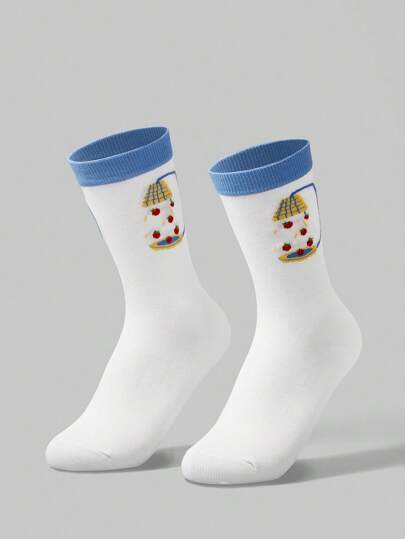 Kawaii Men's Minimalist Practical Strawberry Printed White Crew Socks