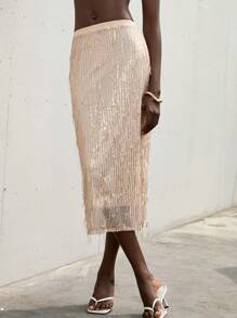 SHEIN Privé Nueva llegada Elegante falda lápiz recta y delgada con corte, con lentejuelas y flecos bordados de estilo francés sofisticado y de alta gama para mujeres - Champán - Ver 6