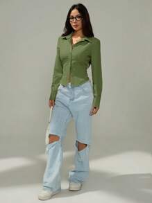 SHEIN PETITE Basic Casual Long Sleeve Shirt With Cinched Waist - Green - View 7