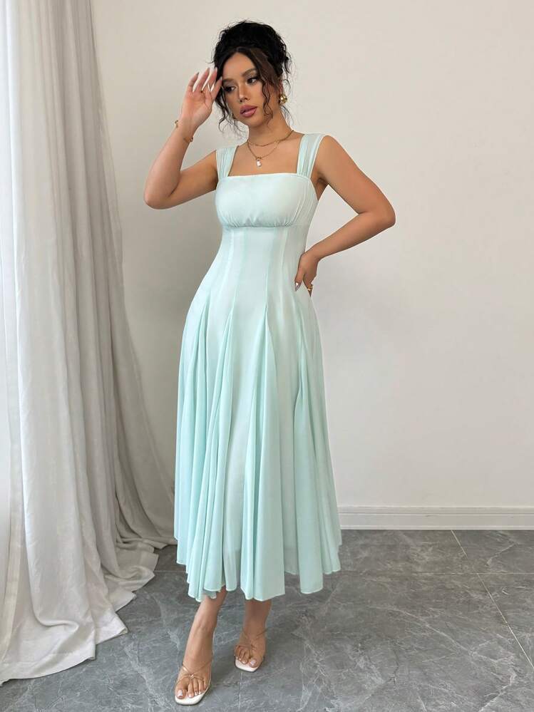 Rafferiza فستان أنيق بكسرات على الكتف مع خصر نحيف وذيل مفلطح، لون أخضر متوسط الطول للنساء، مناسب للربيع والصيف - أخضر نعناع - مشاهدة 6