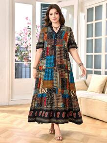 SHEIN Lacomfia فستان كاجوال للنساء ذوات الحجم الكبير بياقة على شكل V وأكمام قصيرة، مطبوع بأشكال متعددة الرموز