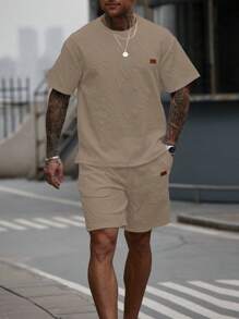 Manfinity CasualCool Men 2pcs Set Casual Letter Embossed Round Neck Short Sleeve T-Shirt And Drawstring Waist Shorts Two Piece Sets, Cozy Outfits - Khaki - View 4