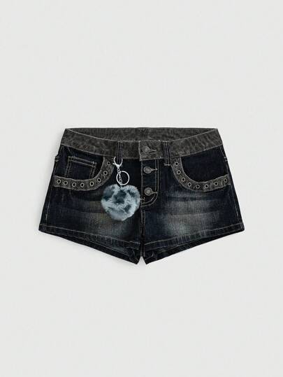 Grunge Punk Short en jean déchiré style patchwork imprimé léopard taille basse sexy, style rétro Y2K festival rave, pendentif cœur léopard, grande taille