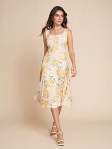 Amorya 女士花卉印花无袖方领 A 字连衣裙 - 彩色 - 查看 8