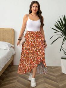 SHEIN LUNE 大码女式休闲碎花高低下摆半身裙