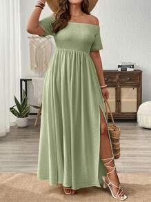 SHEIN VCAY 大码度假露肩开衩下摆连衣裙 - 薄荷綠 - 查看 3