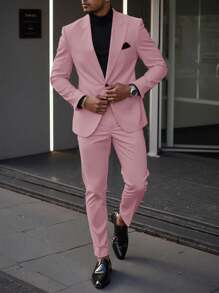 Calvornis Manfinity Mode Men's Collar Single Button Long Sleeve Suit Jacket And Pants Set For Business - Pink - View 3