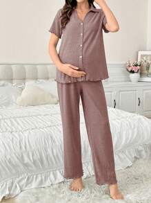 Moonlight & Mama Set de 2 bucăți cu decolteu în V cu mâneci scurte și pantaloni pentru salon de maternitate